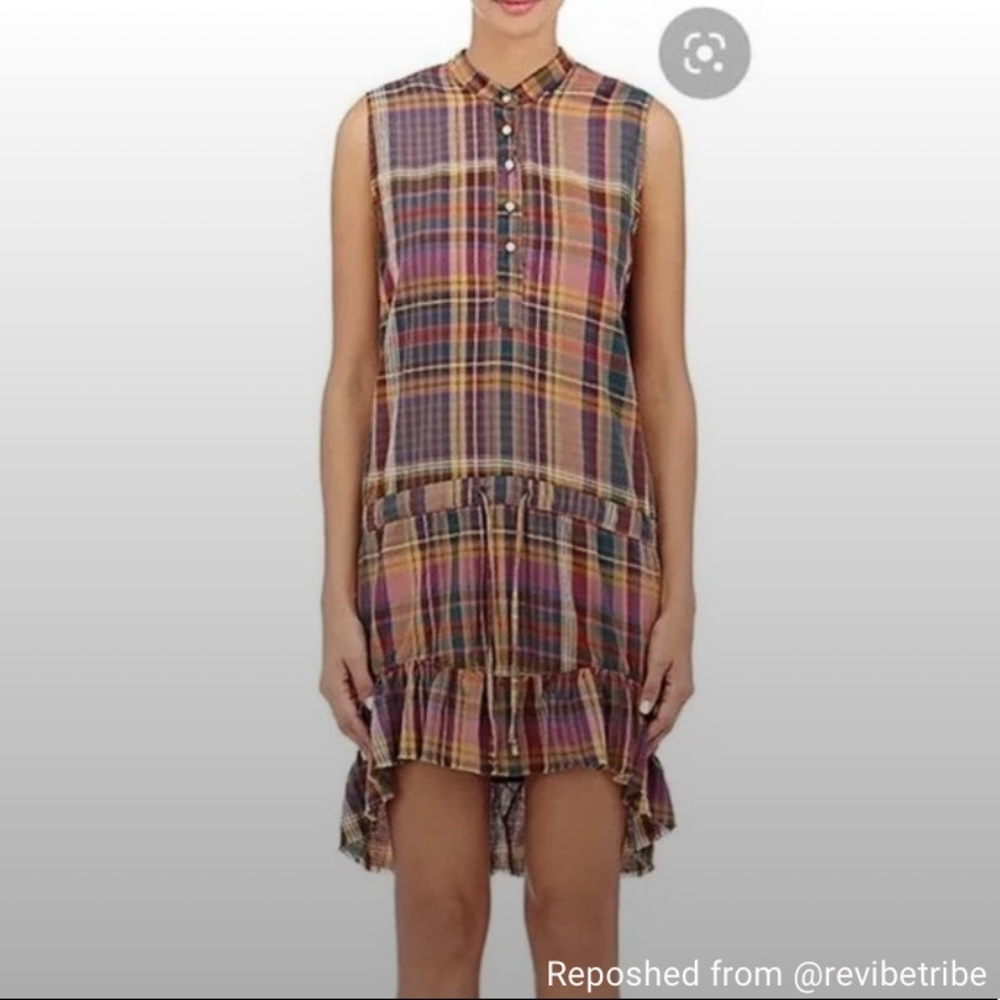 NSF Lilith Plaid Hi-Low Popover Mini Dress Purple Multi Raw-Hem Ruffle